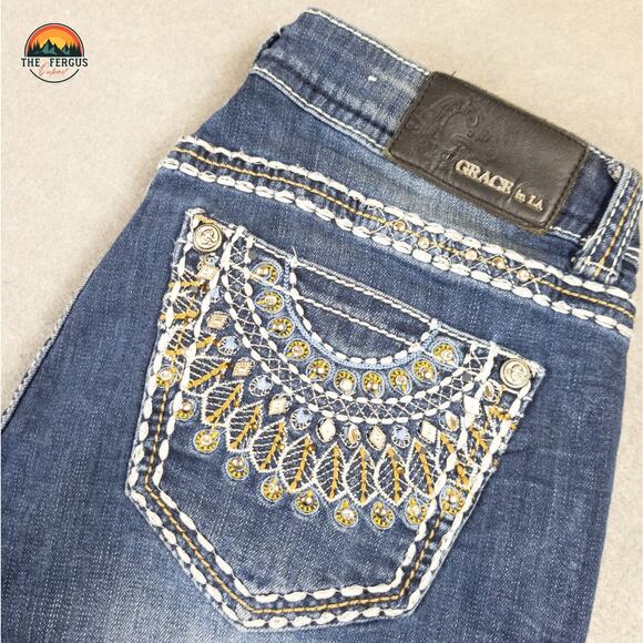 Grace In L.A. Bootcut Jeans Medium Wash Denim Embellished Pockets Women's Sz 31 - Picture 7 of 11